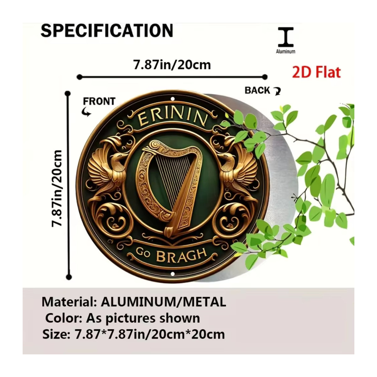 HELLOYOUNG Wanddekoration Erinnin Go Bragh! Rustikale irische Harfe und Schild, rund, Metall, grün - Bild 3