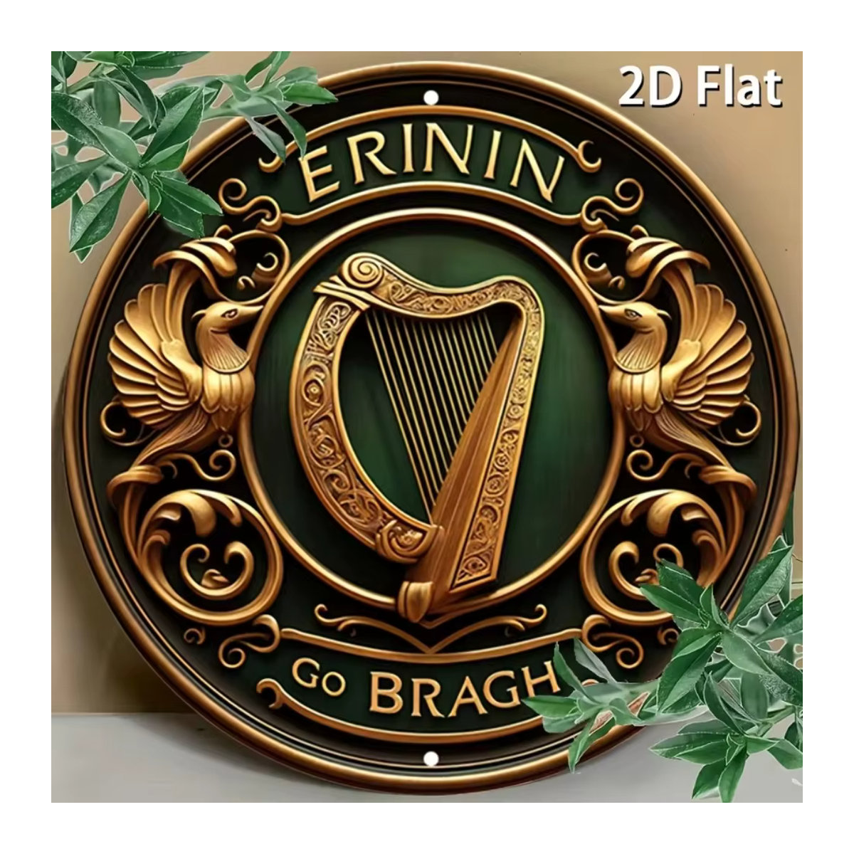 HELLOYOUNG Wanddekoration Erinnin Go Bragh! Rustikale irische Harfe und Schild, rund, Metall, grün - Bild 4