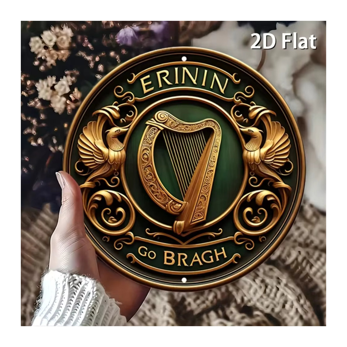 HELLOYOUNG Wanddekoration Erinnin Go Bragh! Rustikale irische Harfe und Schild, rund, Metall, grün - Bild 5
