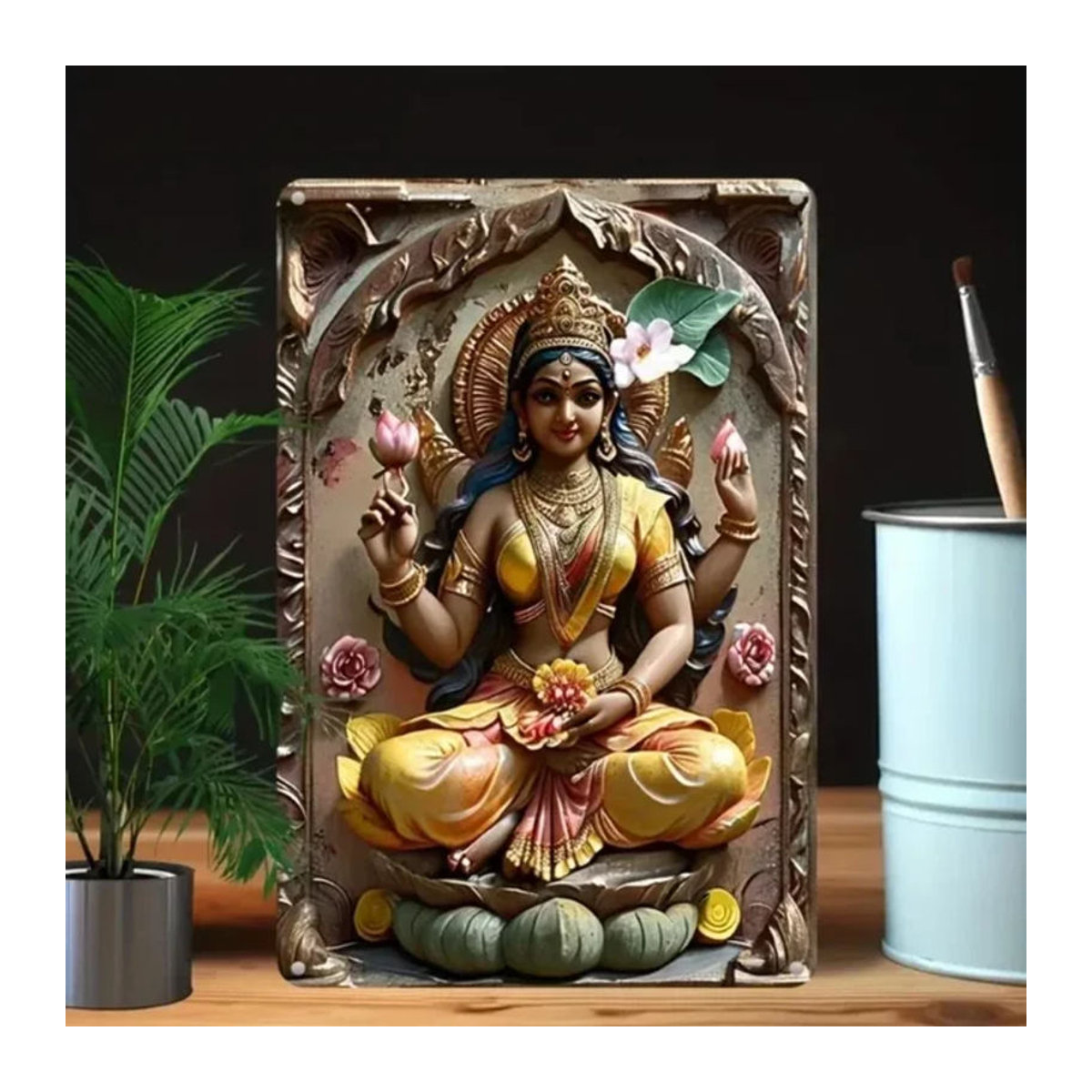 HELLOYOUNG Wanddekoration Göttin Lakshmi Rund, Metall Kunst mit UV HD Druck, Mehrfarbig, Durchmesser: 30 cm - Bild 1