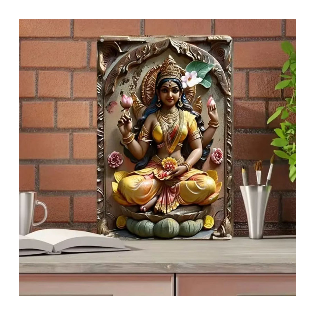 HELLOYOUNG Wanddekoration Göttin Lakshmi Rund, Metall Kunst mit UV HD Druck, Mehrfarbig, Durchmesser: 30 cm - Bild 2