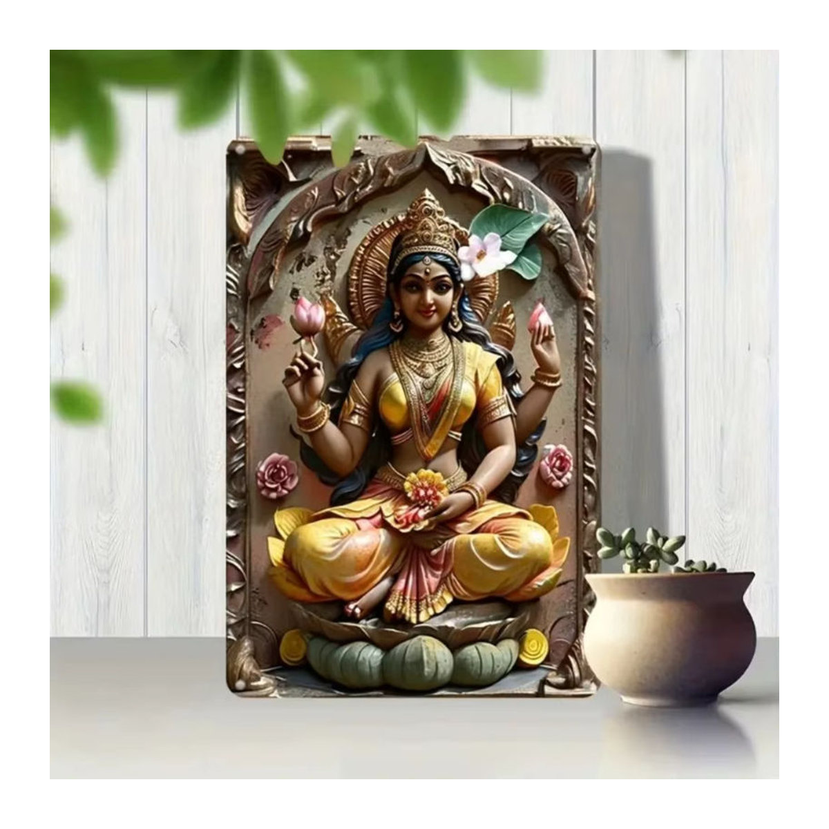 HELLOYOUNG Wanddekoration Göttin Lakshmi Rund, Metall Kunst mit UV HD Druck, Mehrfarbig, Durchmesser: 30 cm - Bild 4