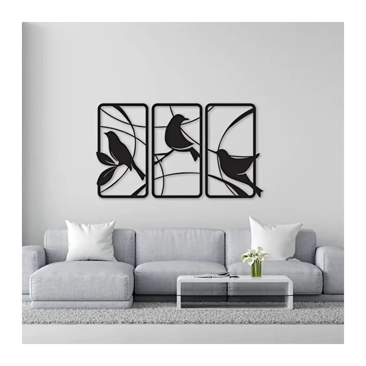 HELLOYOUNG Wandkunst aus Metall im 3er-Set mit Vogel-Motiv und floralen Blumenakzenten in Schwarz - Bild 3