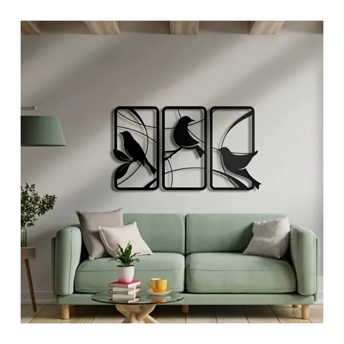 HELLOYOUNG Wandkunst aus Metall im 3er-Set mit Vogel-Motiv und floralen Blumenakzenten in Schwarz - Bild 4