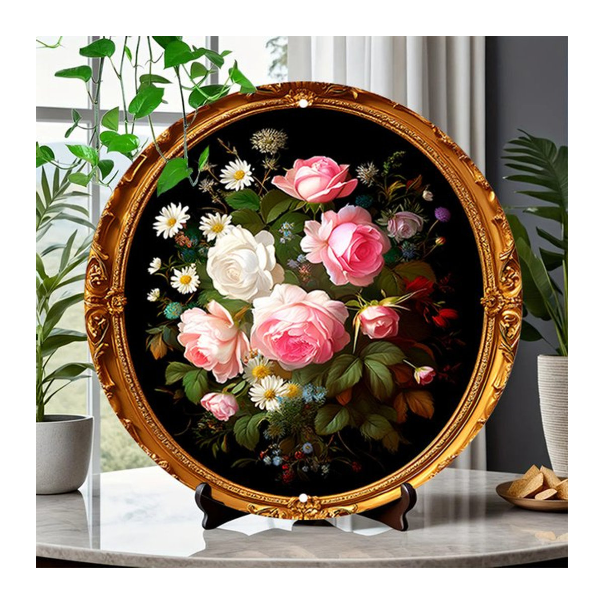 HELLOYOUNG Wandkunst aus Metall in Vintage-Optik, runde Blumendekoration mit Rosen in Rosa und Gold, Durchmesser: 19,8 cm - Bild 1