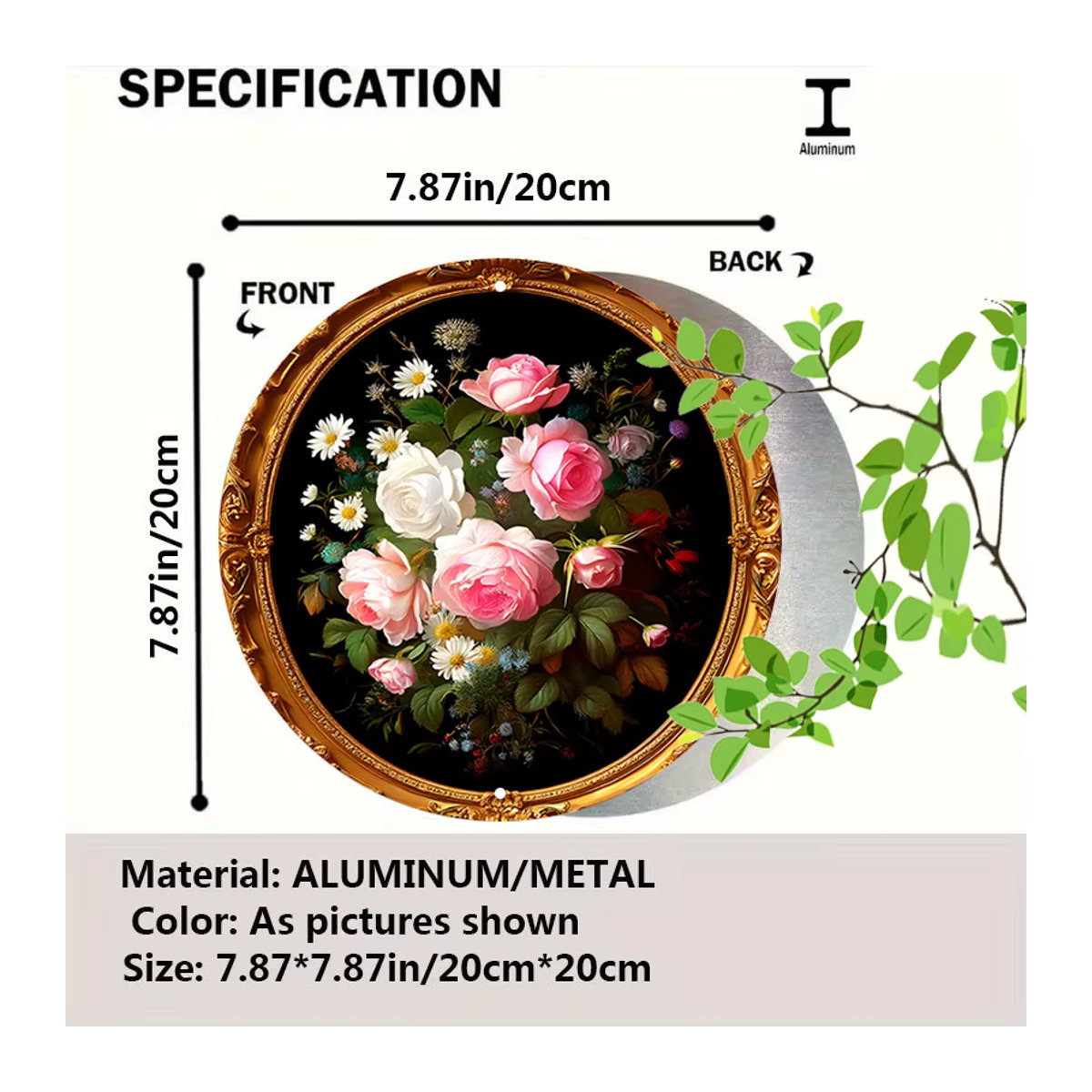 HELLOYOUNG Wandkunst aus Metall in Vintage-Optik, runde Blumendekoration mit Rosen in Rosa und Gold, Durchmesser: 19,8 cm - Bild 3