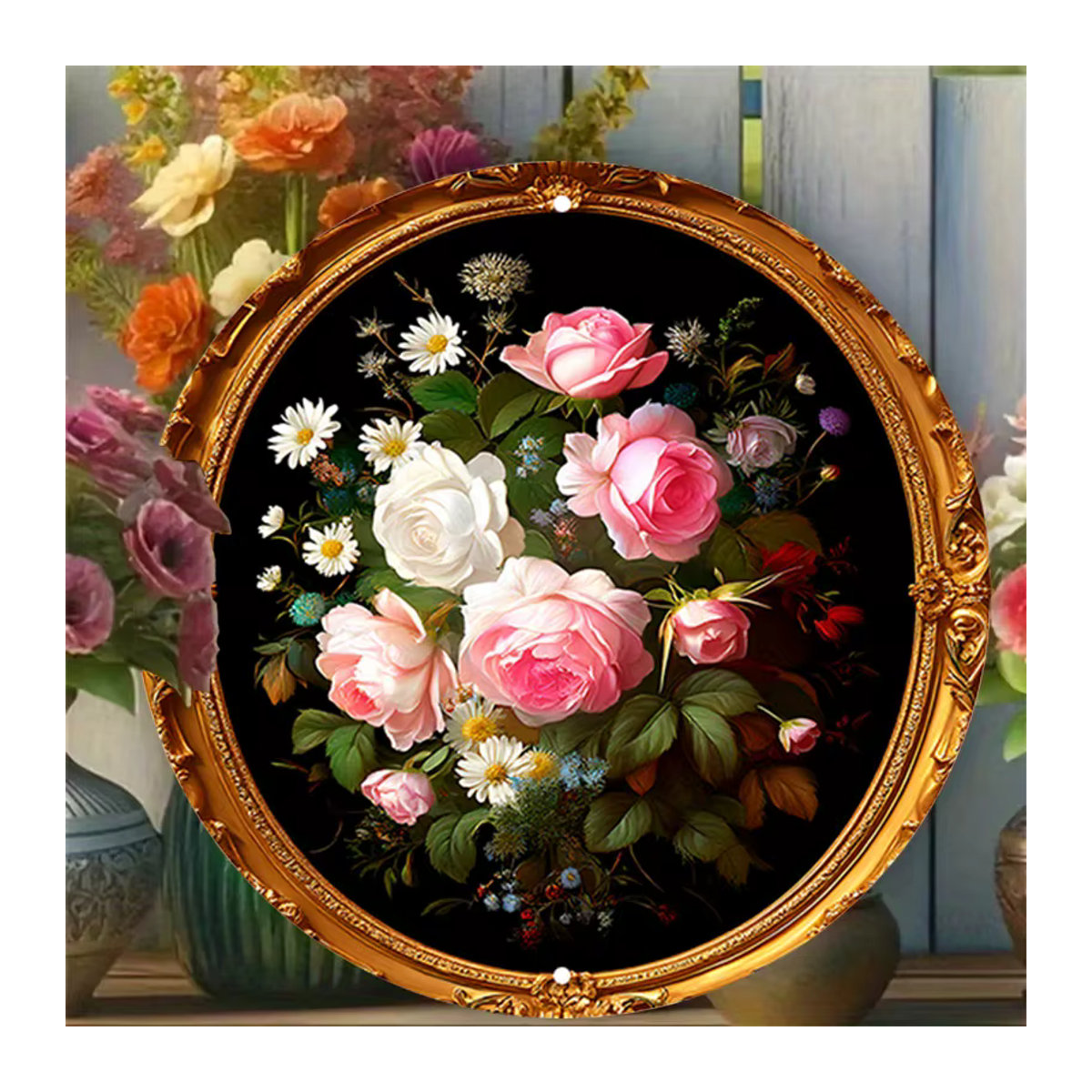 HELLOYOUNG Wandkunst aus Metall in Vintage-Optik, runde Blumendekoration mit Rosen in Rosa und Gold, Durchmesser: 19,8 cm - Bild 4