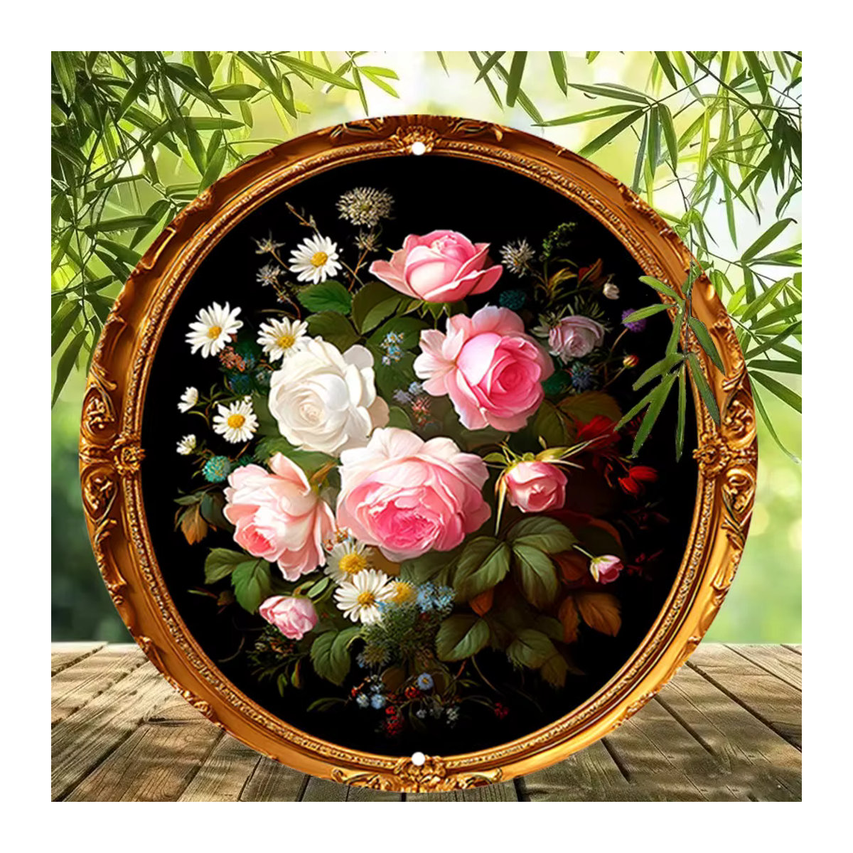 HELLOYOUNG Wandkunst aus Metall in Vintage-Optik, runde Blumendekoration mit Rosen in Rosa und Gold, Durchmesser: 19,8 cm - Bild 5