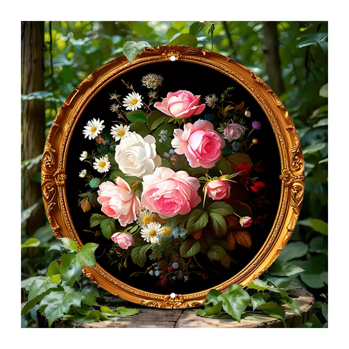 HELLOYOUNG Wandkunst aus Metall in Vintage-Optik, runde Blumendekoration mit Rosen in Rosa und Gold, Durchmesser: 19,8 cm - Bild 6