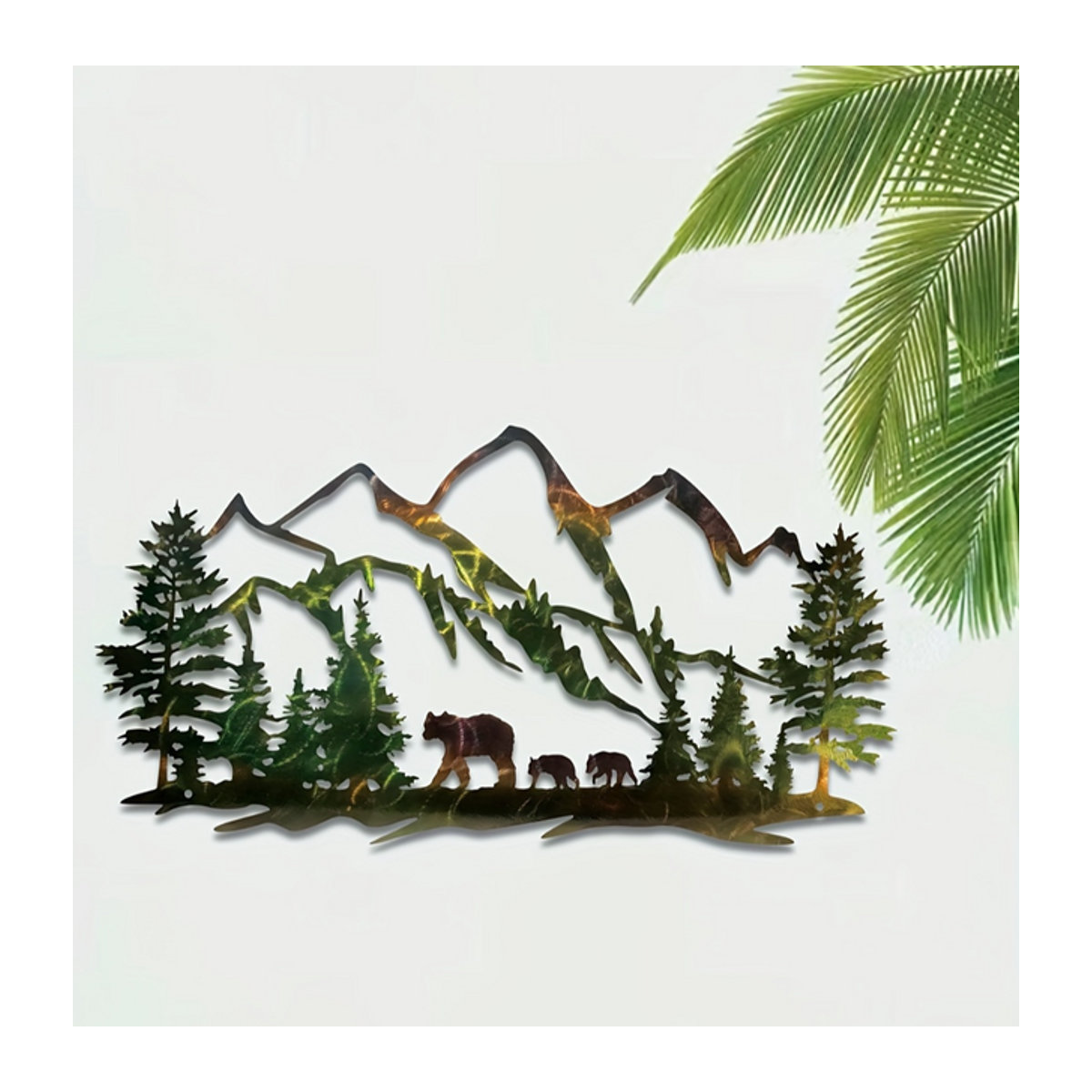 HELLOYOUNG Wandkunst aus Metall mit Berg- und Bären-Silhouette in rustikalem Design, mehrfarbig, Querformat - Bild 1
