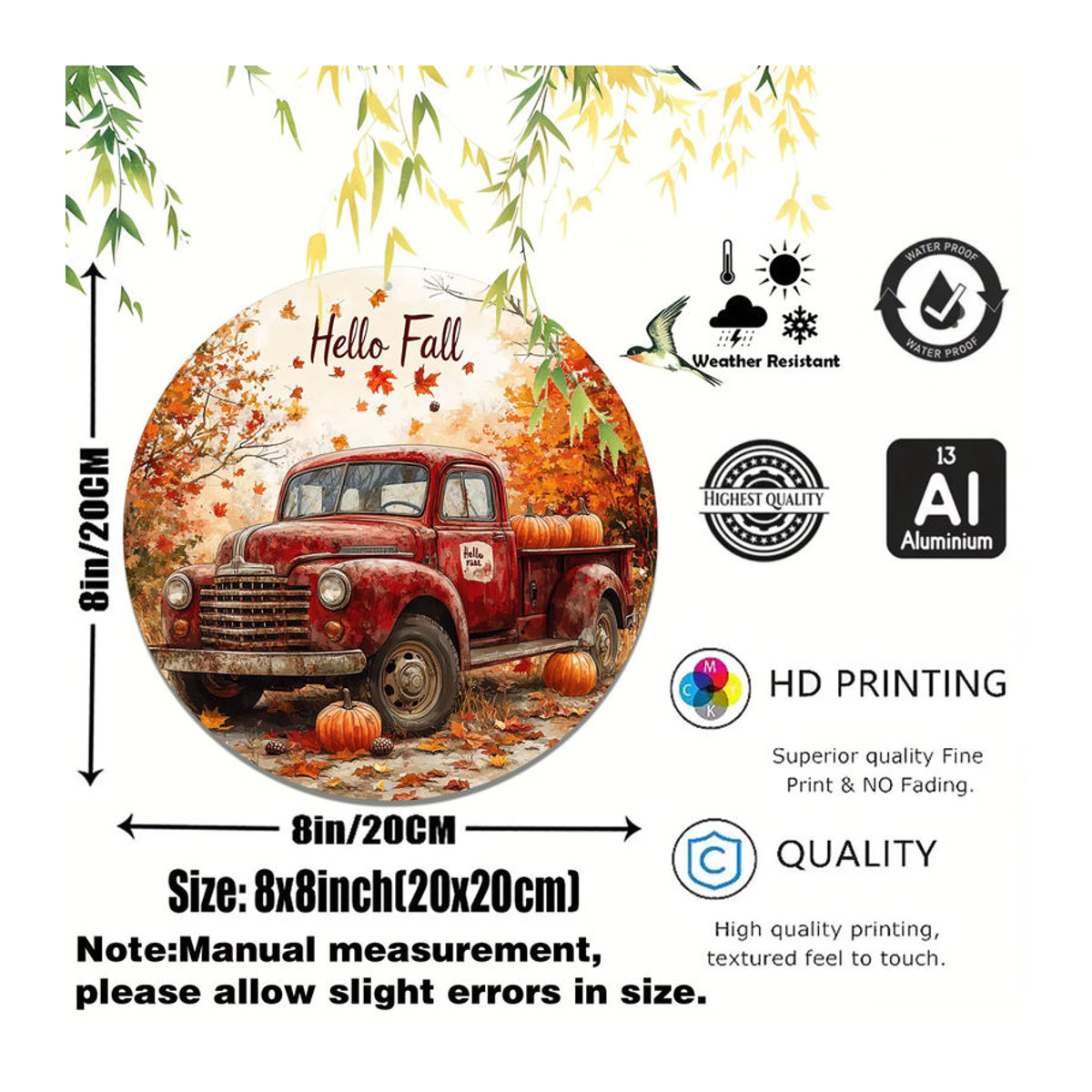 HELLOYOUNG Wandkunst aus Metall: Roter Vintage-LKW mit Herbstszene als runde Wanddekoration - Bild 1