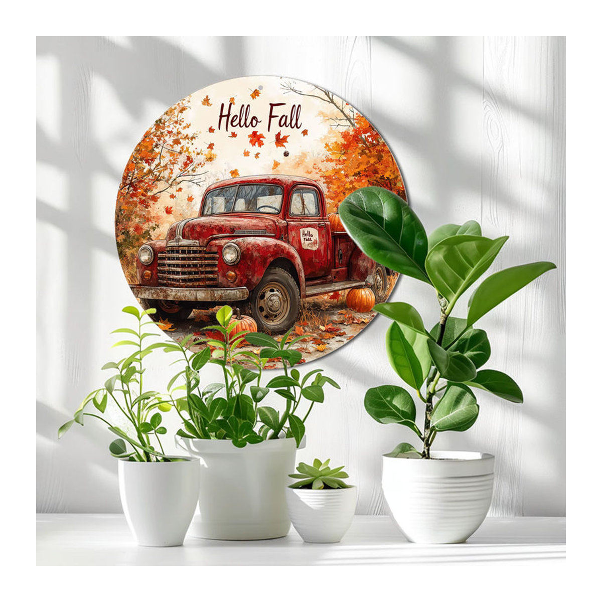 HELLOYOUNG Wandkunst aus Metall: Roter Vintage-LKW mit Herbstszene als runde Wanddekoration - Bild 2