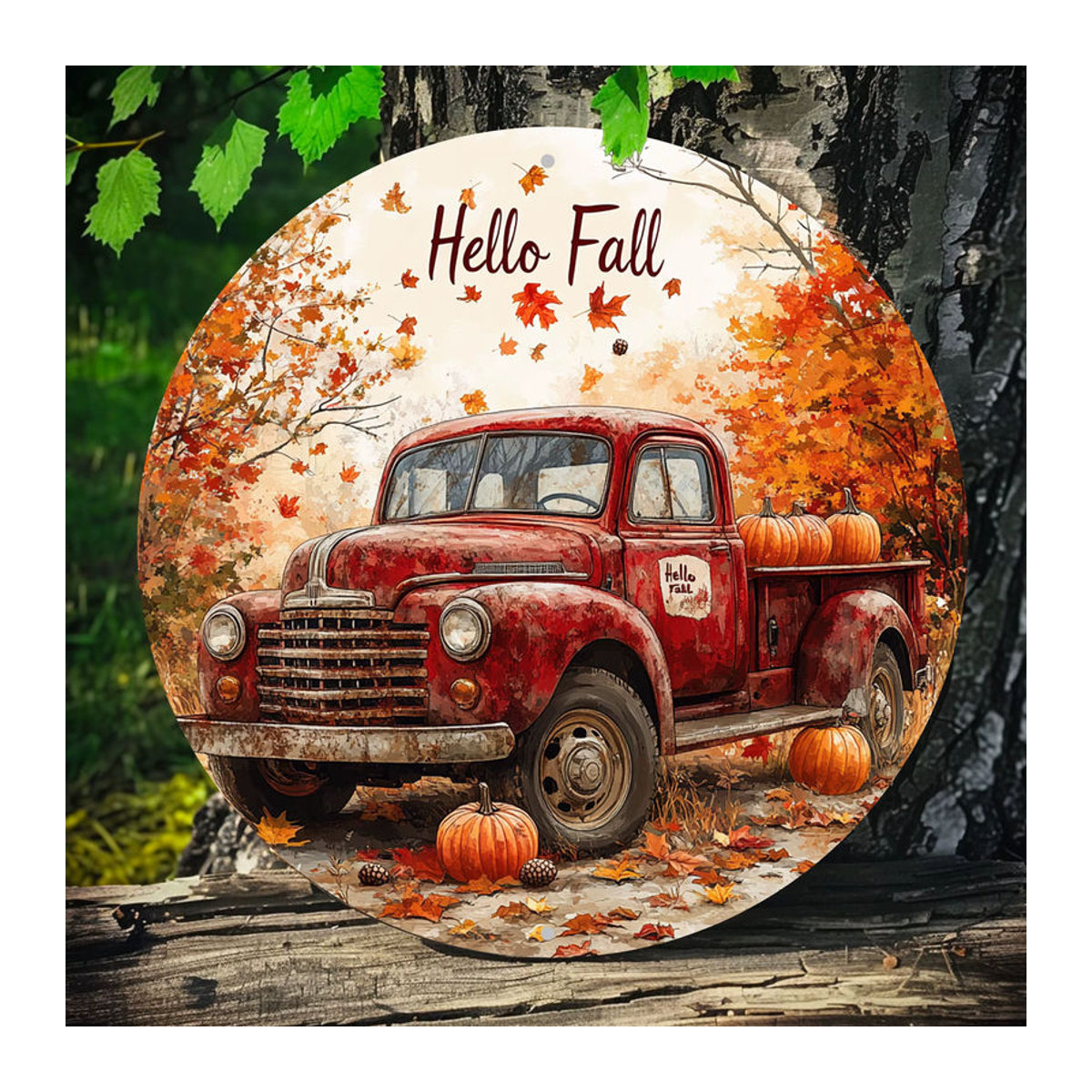 HELLOYOUNG Wandkunst aus Metall: Roter Vintage-LKW mit Herbstszene als runde Wanddekoration - Bild 3