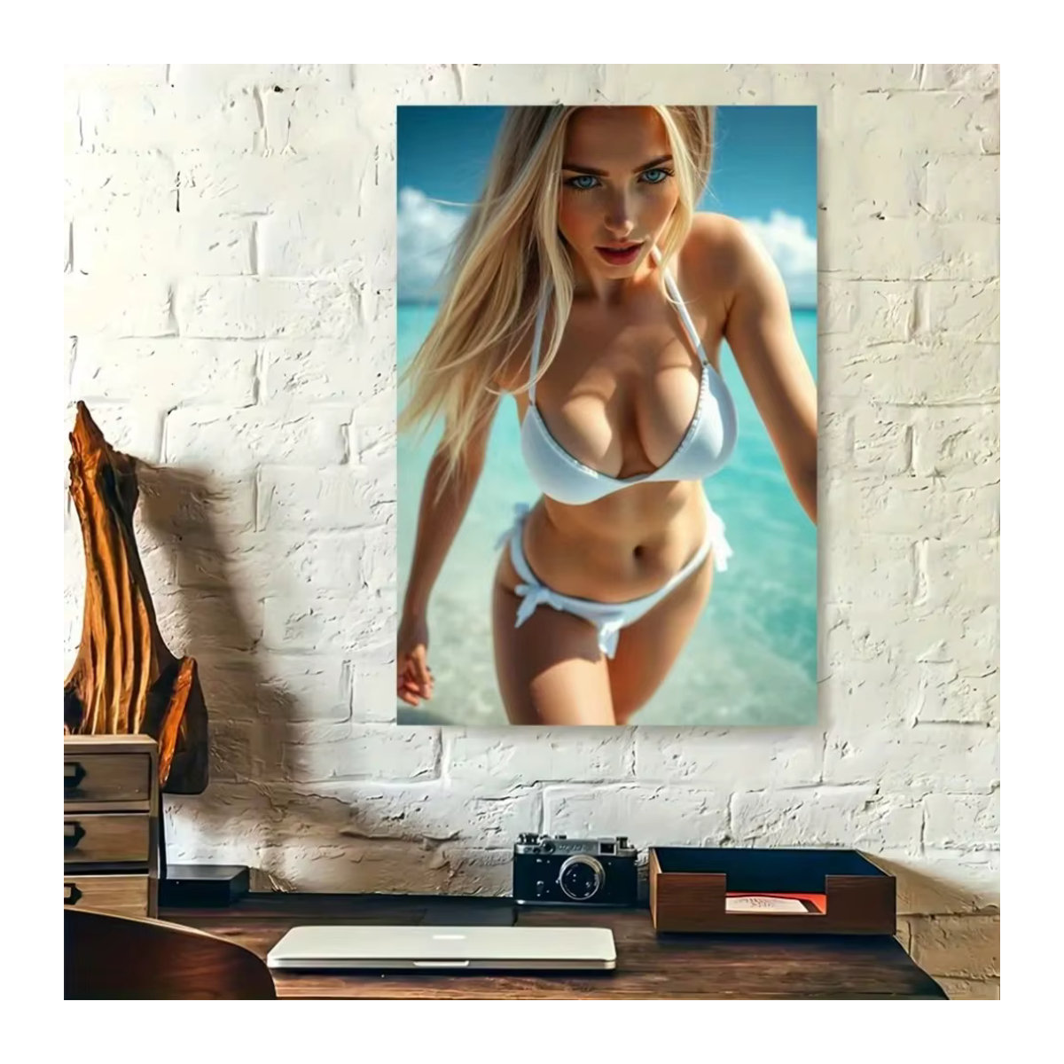 HELLOYOUNG Wandkunst Leinwand Porträt Blondes Mädchen am Strand, modernes mehrfarbiges Leinwandgemälde im Hochformat, Breite: 30 cm, Höhe: 30 cm, Tiefe: 20 cm - Bild 2