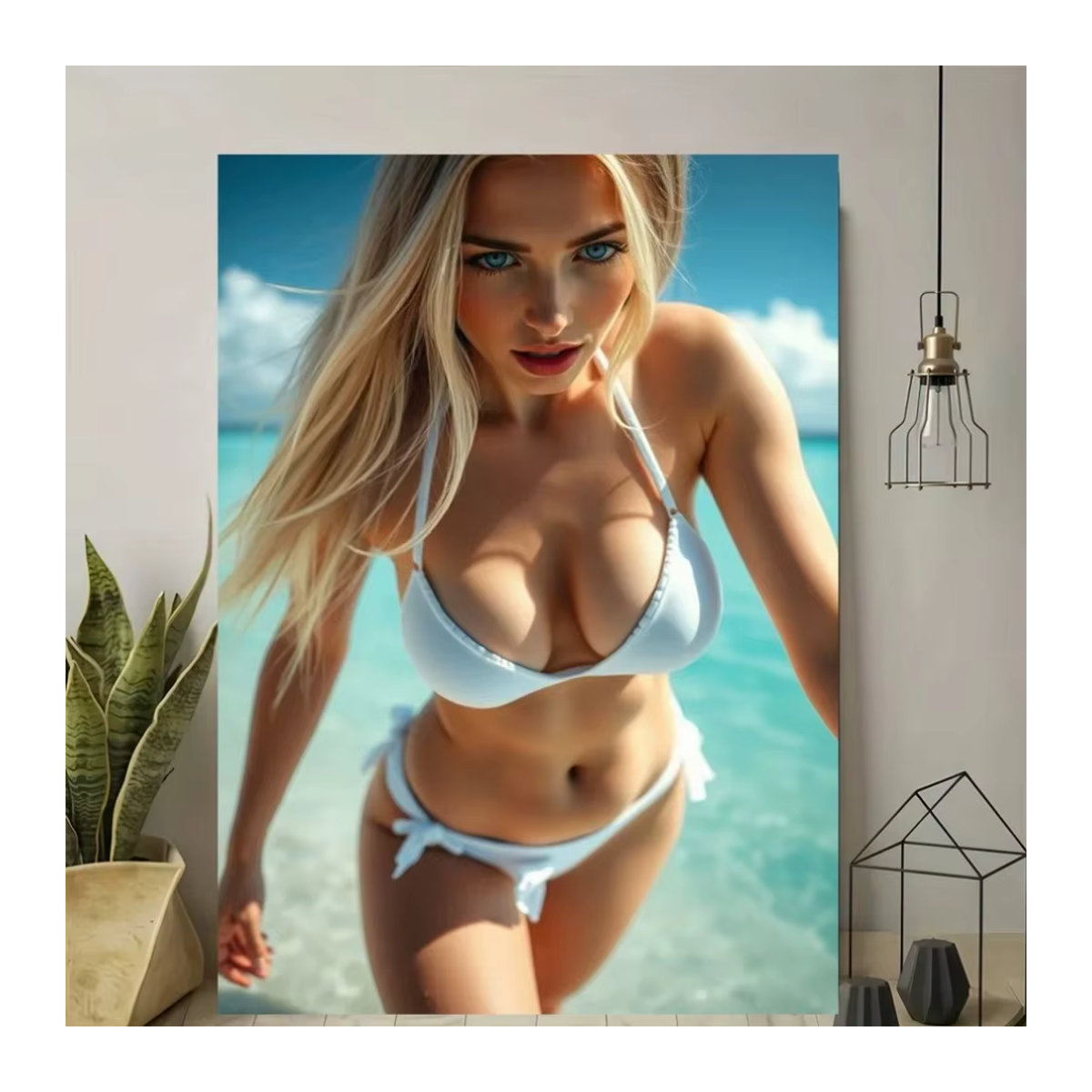 HELLOYOUNG Wandkunst Leinwand Porträt Blondes Mädchen am Strand, modernes mehrfarbiges Leinwandgemälde im Hochformat, Breite: 30 cm, Höhe: 30 cm, Tiefe: 20 cm - Bild 3