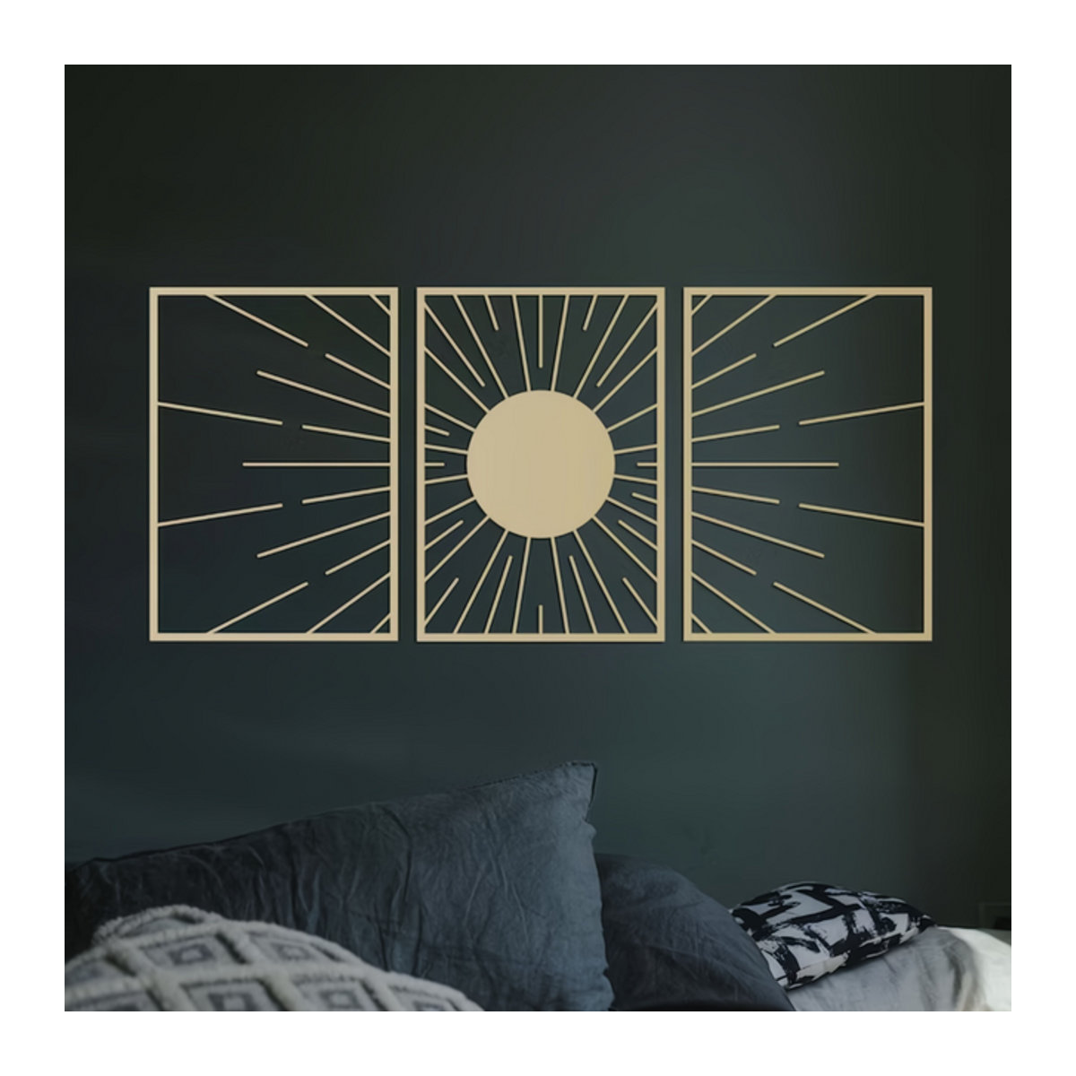 HELLOYOUNG Wandkunst Set aus goldenem Metall mit 3 abstrakten Sonnen-Elementen zur Wandmontage - Bild 1