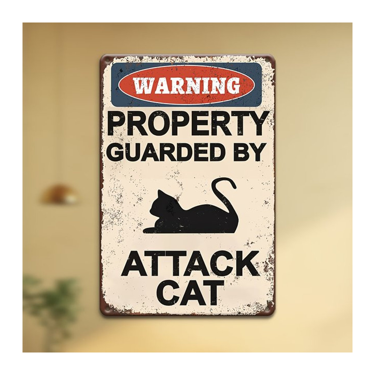 HELLOYOUNG Warnschild Angriffs Katze Vintage Wandplakette aus Metall in Weiß für die Außenwand - Bild 1