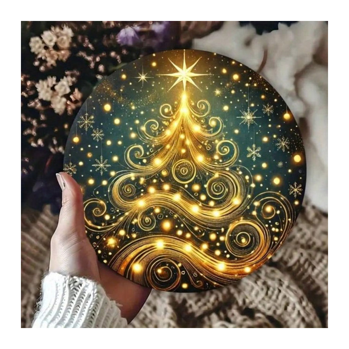 HELLOYOUNG Weihnachtsbaum-Metallkranz mit Sternen und floralem Design, rund, mehrfarbig, Durchmesser: 20 cm - Bild 1