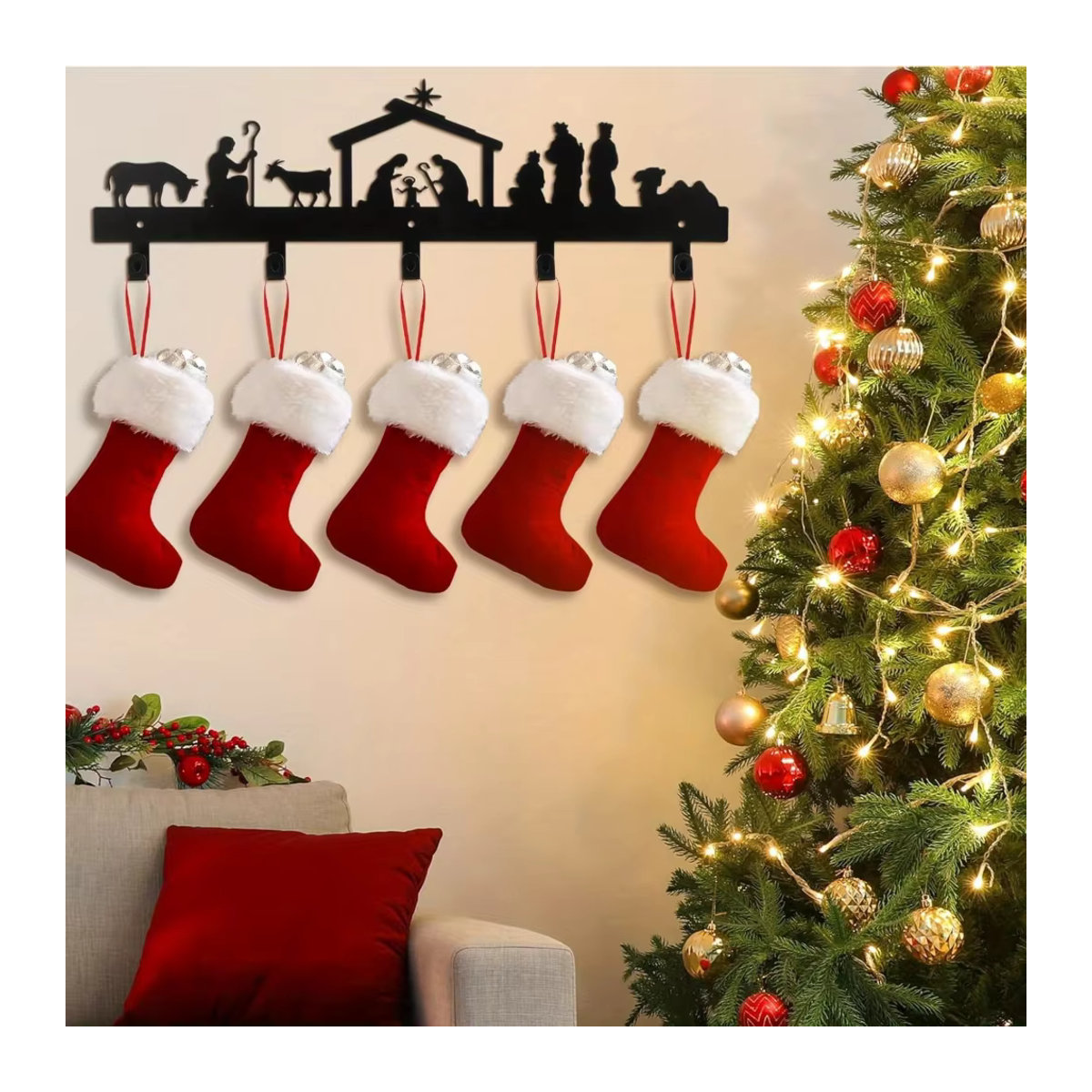HELLOYOUNG Weihnachtsstrumpf Wandaufhänger aus Metall in Schwarz mit Haken für Schneemann und Weihnachtsmann Dekoration - Bild 3