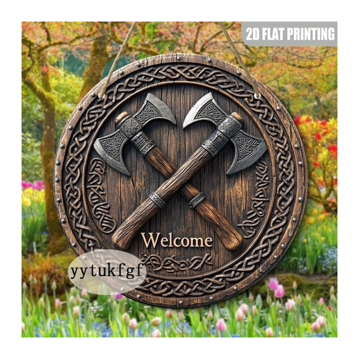 HELLOYOUNG Wikinger-Axt-Willkommensschild aus Holz in Braun mit geometrischem Muster für Landhaus-Stil, Wandmontage, 20 x 20 cm - Bild 1