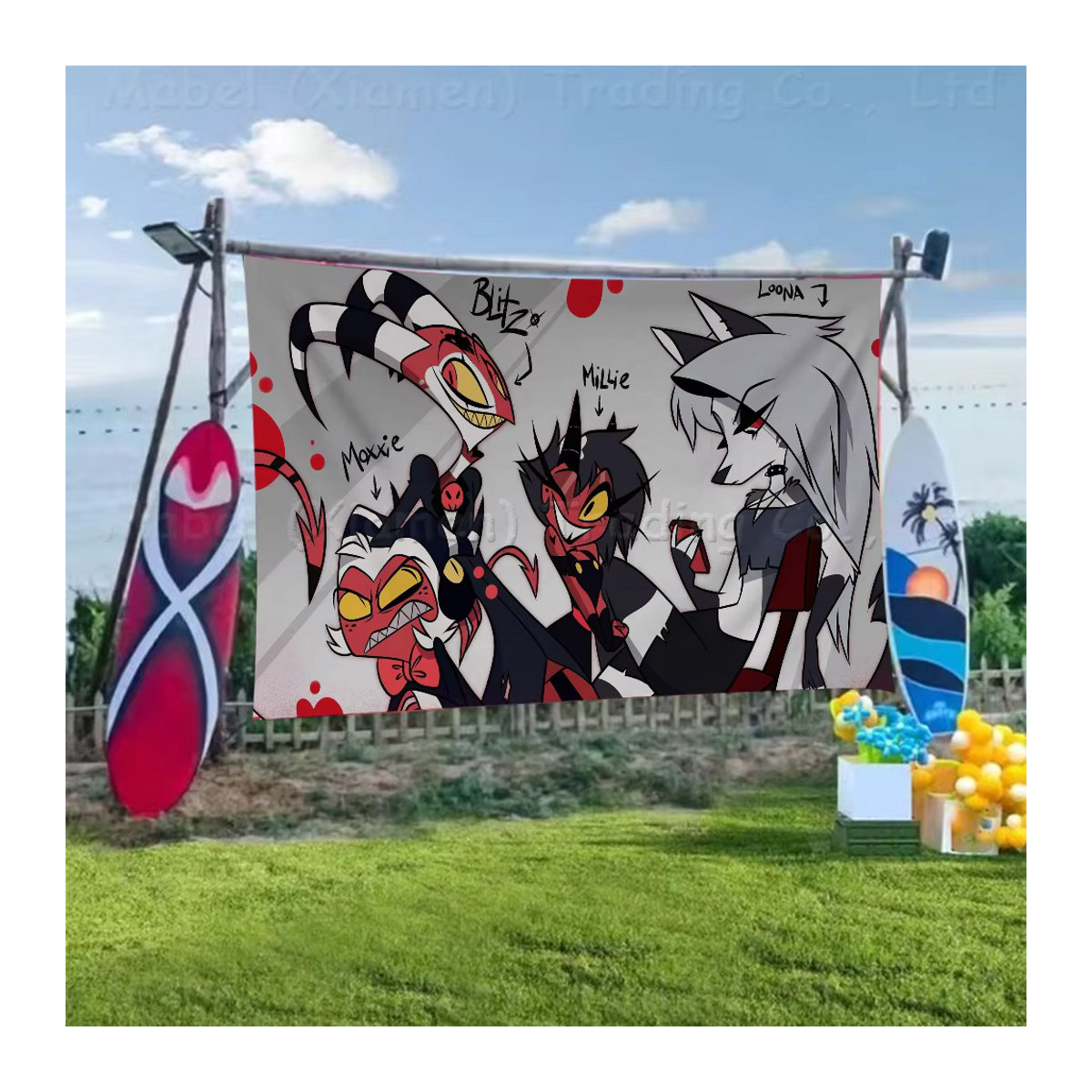 Helluva Boss Hängeflagge aus Polyester mit mehrfarbigem Muster und Schlaufe zum Aufhängen - Bild 5
