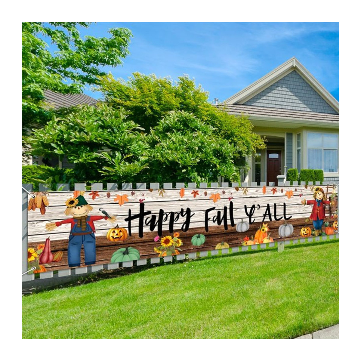 Herbst Banner Happy Fall Y'all mit Blättern und Kürbissen als rustikale Dekoration für Thanksgiving, mehrfarbig, rechteckig und hängend - Bild 1