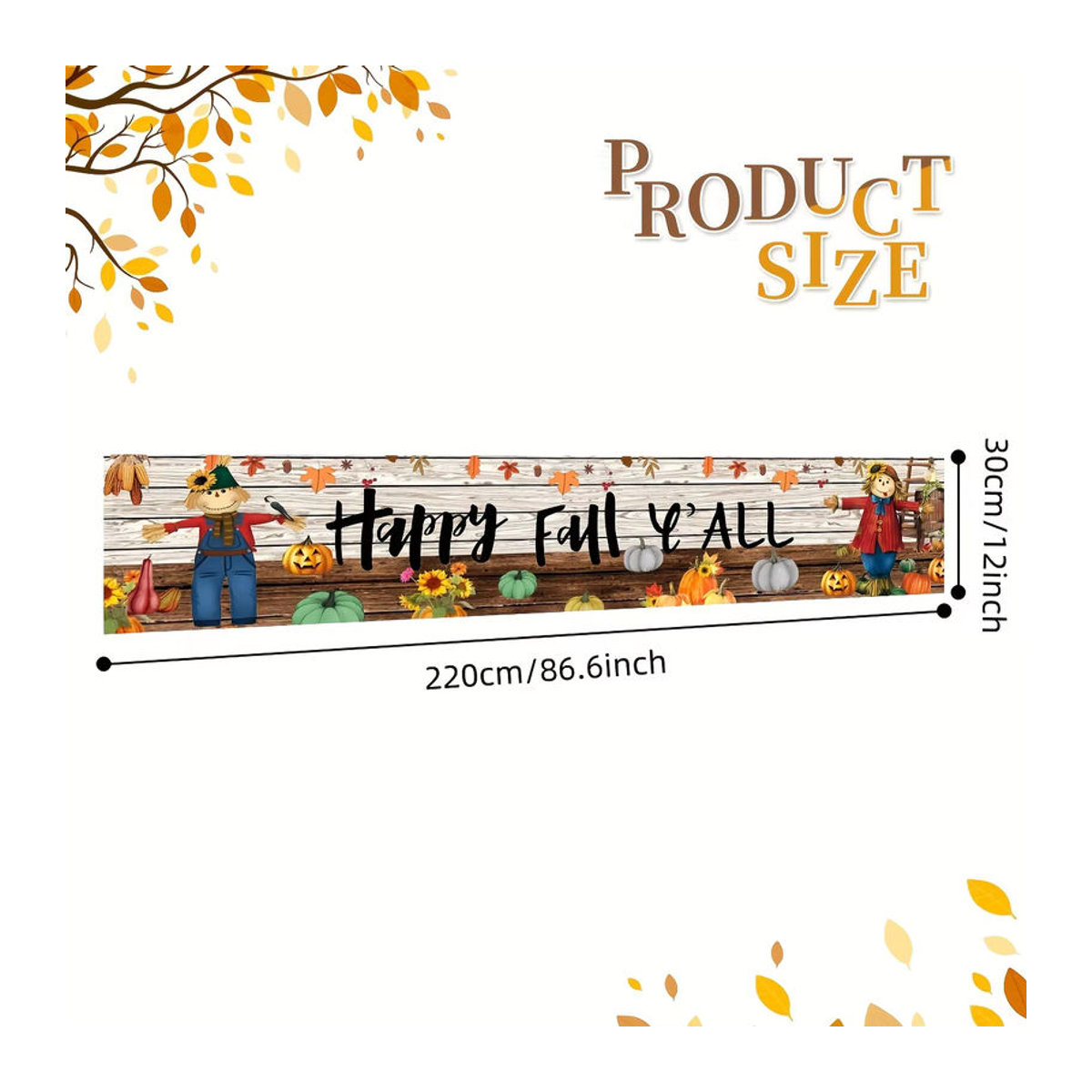 Herbst Banner Happy Fall Y'all mit Blättern und Kürbissen als rustikale Dekoration für Thanksgiving, mehrfarbig, rechteckig und hängend - Bild 2