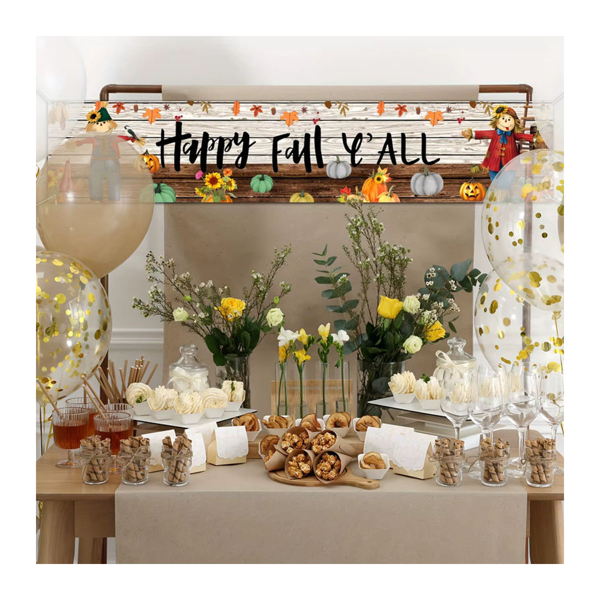 Herbst Banner Happy Fall Y'all mit Blättern und Kürbissen als rustikale Dekoration für Thanksgiving, mehrfarbig, rechteckig und hängend - Bild 4