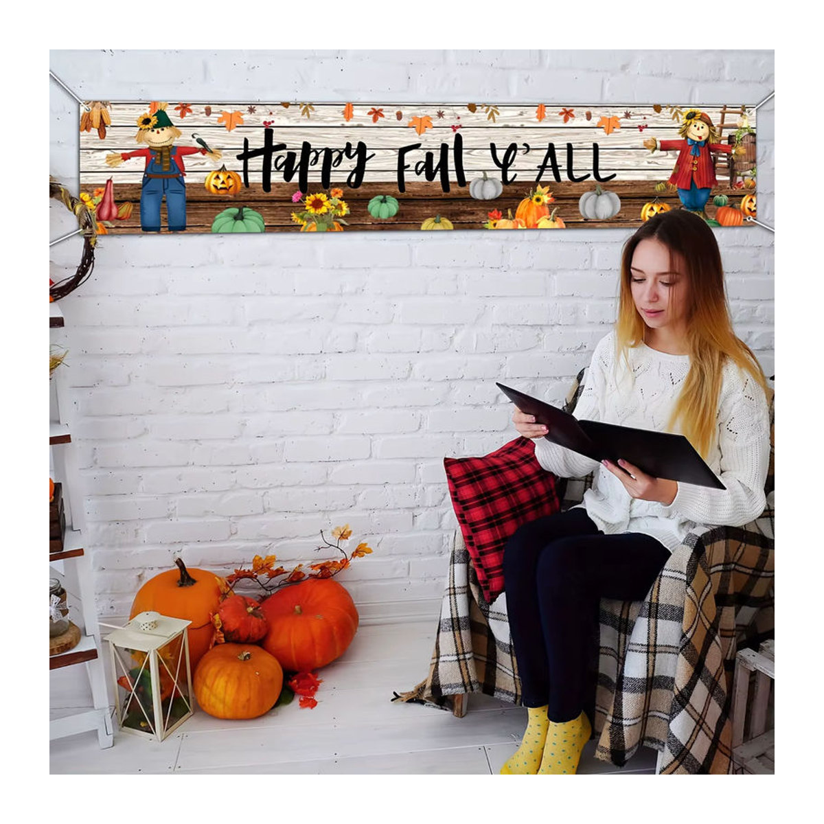 Herbst Banner Happy Fall Y'all mit Blättern und Kürbissen als rustikale Dekoration für Thanksgiving, mehrfarbig, rechteckig und hängend - Bild 5