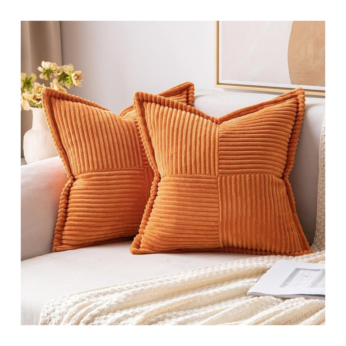 Herbst-Couch-Kissenbezug aus weichem Cord in Orange für Sofa und Wohnzimmer, B/B: 45,7 x 45,7 cm - Bild 1
