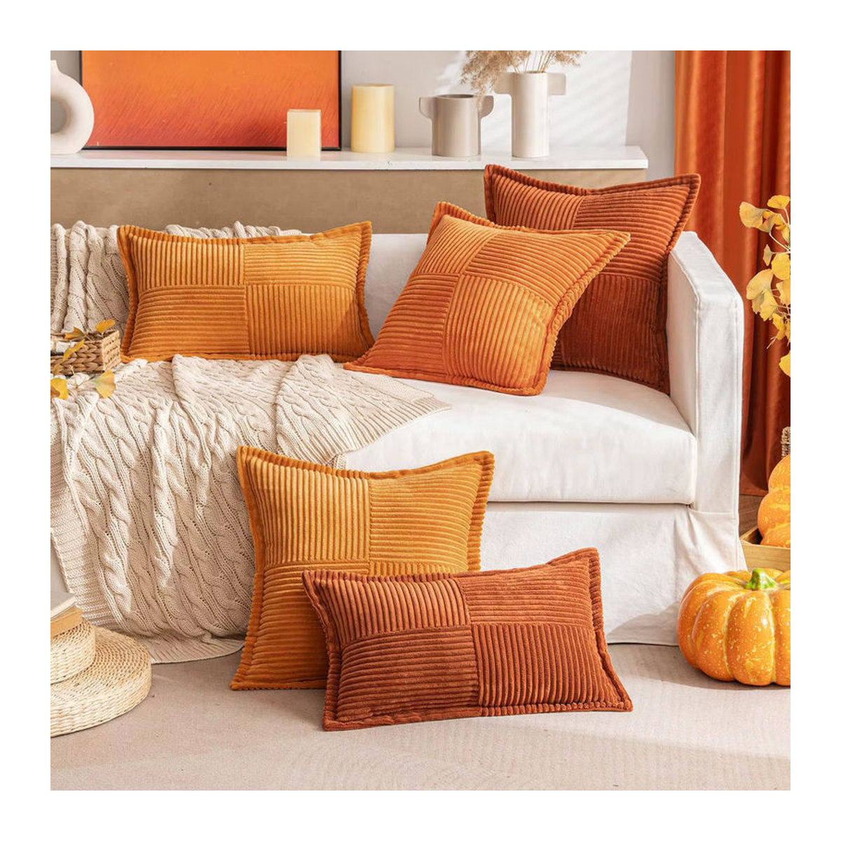 Herbst-Couch-Kissenbezug aus weichem Cord in Orange für Sofa und Wohnzimmer, B/B: 45,7 x 45,7 cm - Bild 2