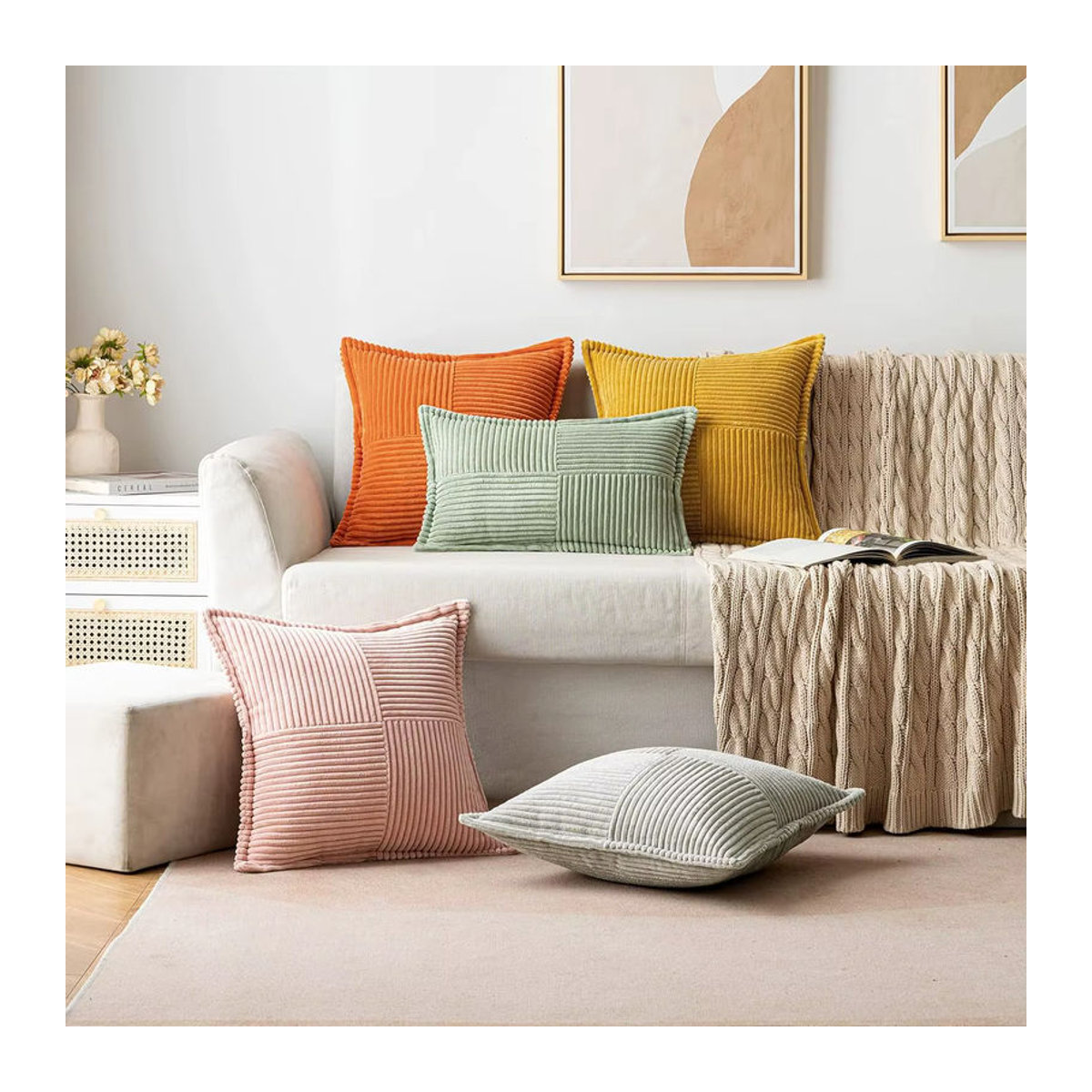 Herbst-Couch-Kissenbezug aus weichem Cord in Orange für Sofa und Wohnzimmer, B/B: 45,7 x 45,7 cm - Bild 3