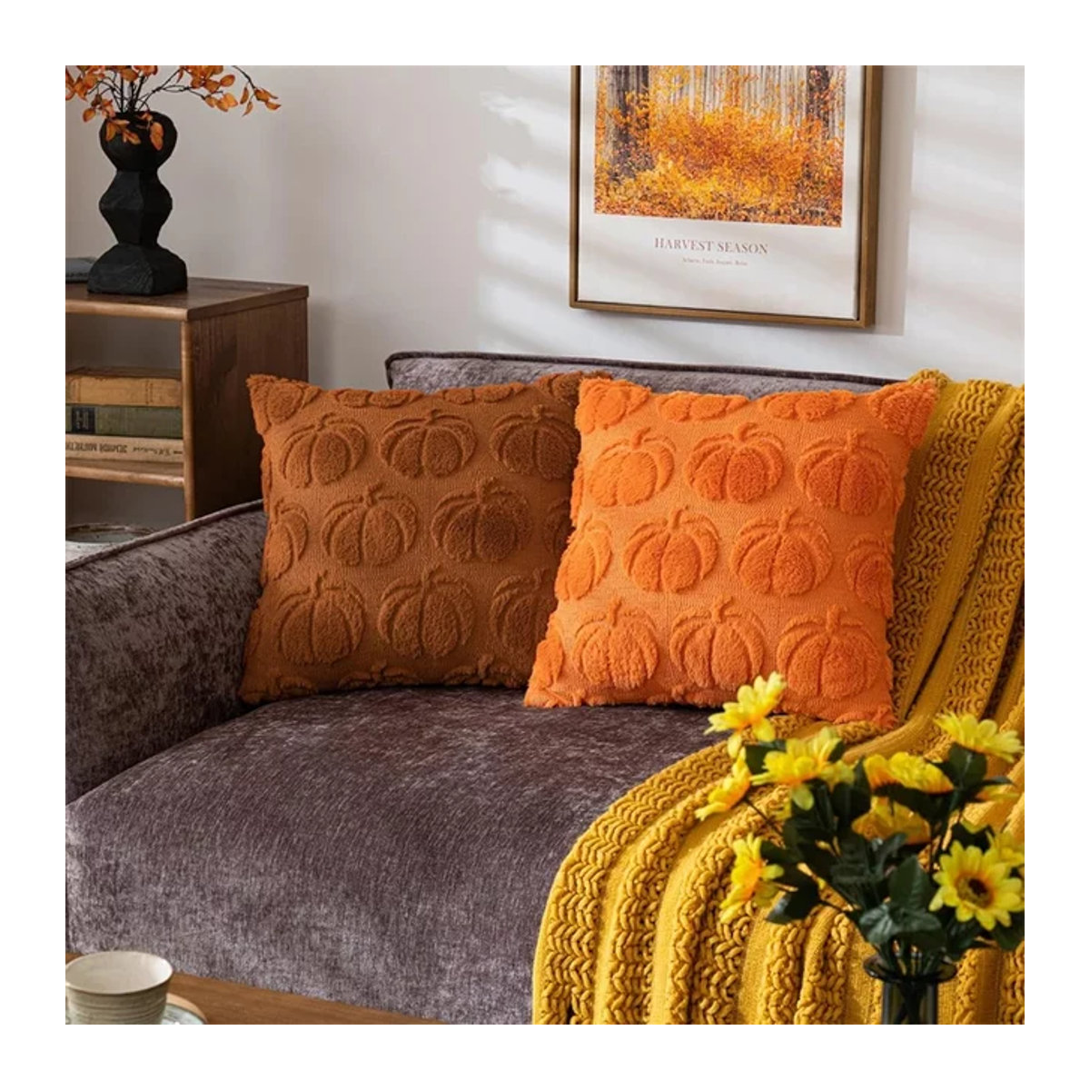 Herbst Kissenbezug aus weichem Plüsch in Orange mit Kürbis-Design für deine Dekoration - Bild 1