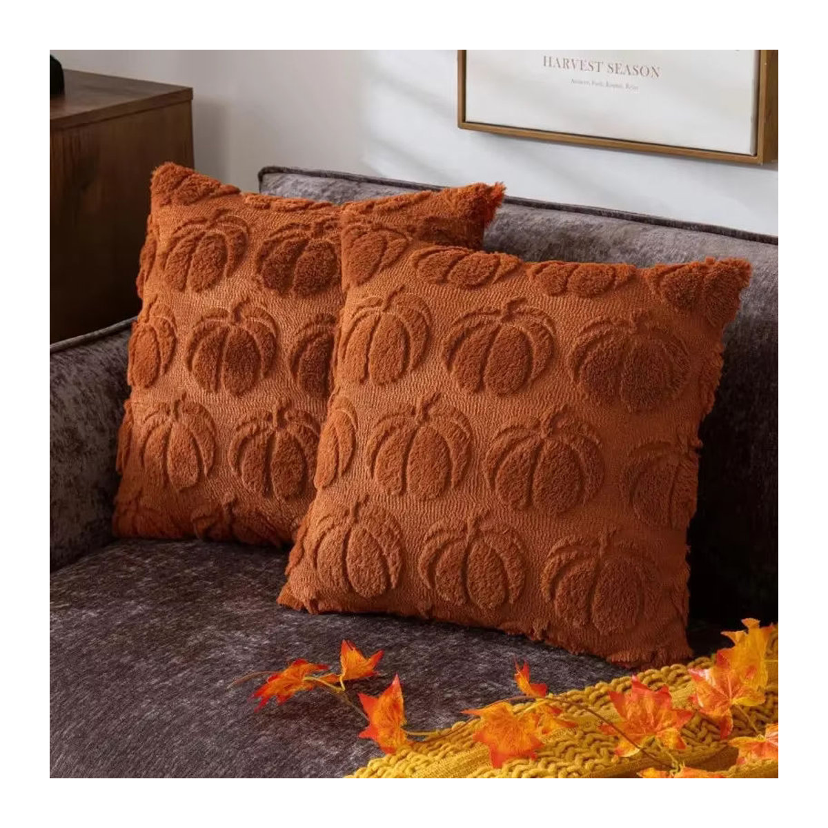 Herbst Kissenbezug aus weichem Plüsch in Orange mit Kürbis-Design für deine Dekoration - Bild 3
