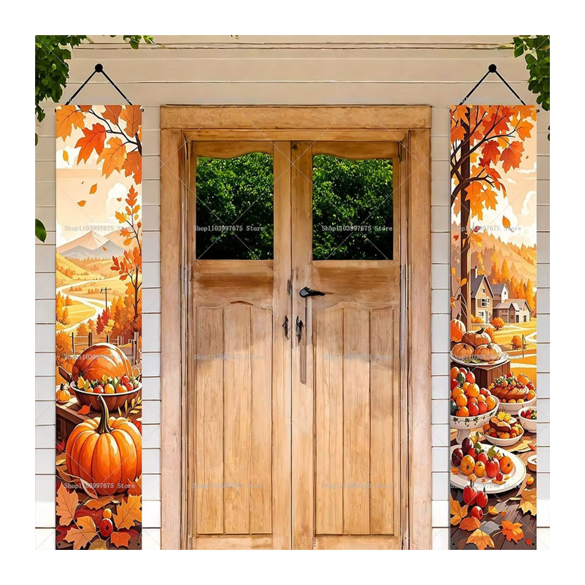 Herbstliches Wandbehang-Banner mit Ahornblättern und Kürbissen für Thanksgiving, mehrfarbig, Textil, B/H: 180 x 30 cm - Bild 2
