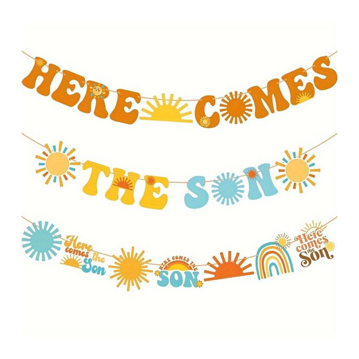 Here Comes The Sun Baby-Shower-Dekoration aus Papier, 3-teiliges Set mit gelben Sonnen im Boho-Stil zum Aufhängen - Bild 1