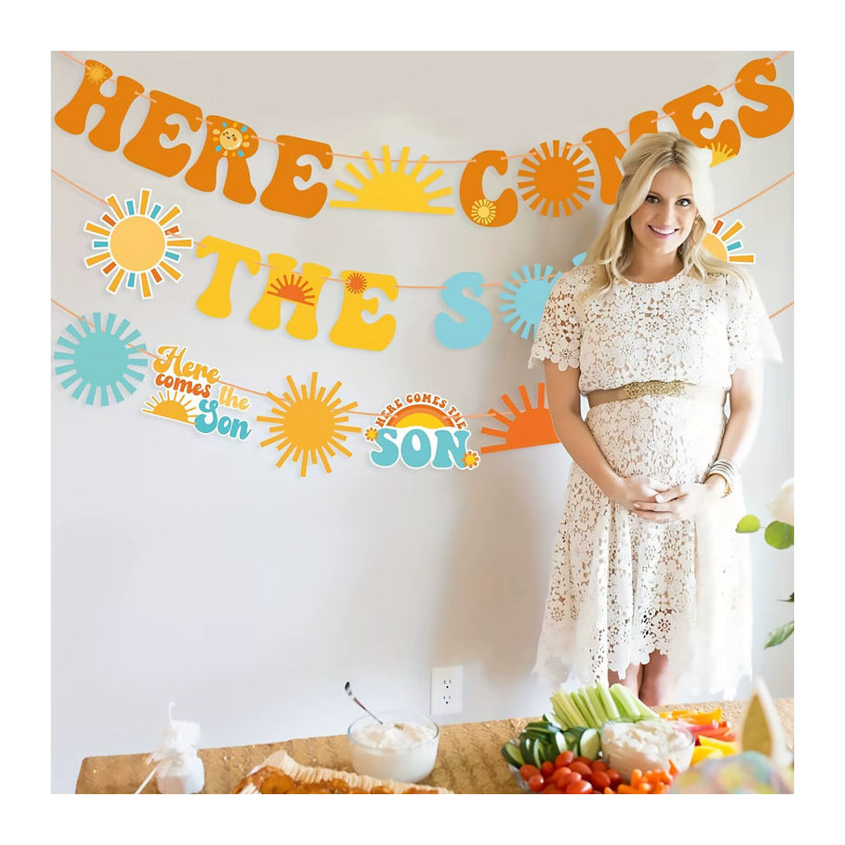 Here Comes The Sun Baby-Shower-Dekoration aus Papier, 3-teiliges Set mit gelben Sonnen im Boho-Stil zum Aufhängen - Bild 2