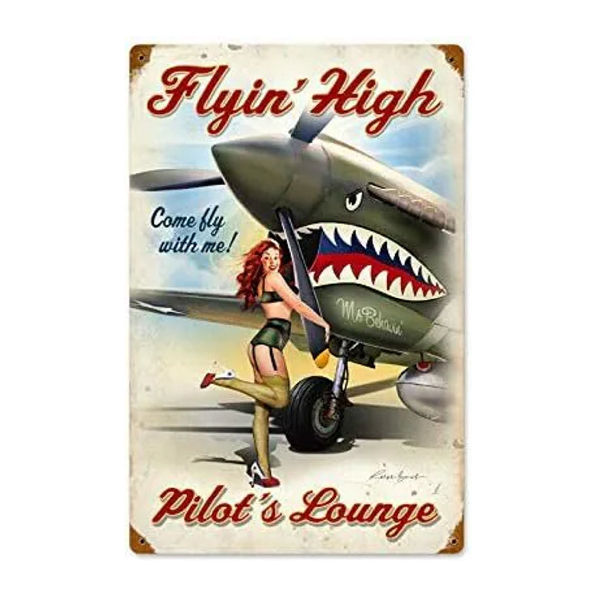 HERYNLRN Retro Blechschild im Vintage-Stil mit Pin-up-Girl Flying High, mehrfarbig, Metall, B: 20 cm, H: 14 cm, T: 14 cm - Bild 1