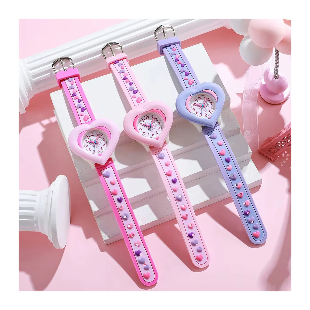 Herzförmige 3D Cartoon Lernuhr für Kinder in Rosa und Lila, analoge Kunststoffuhr - Bild 4