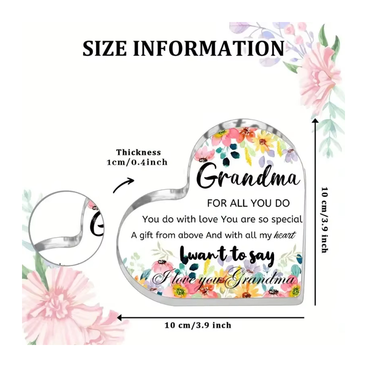 Herzförmige Acrylplakette für Oma mit floralem Blumendesign und inspirierender Botschaft, transparentes Geschenk für den Geburtstag - Bild 2