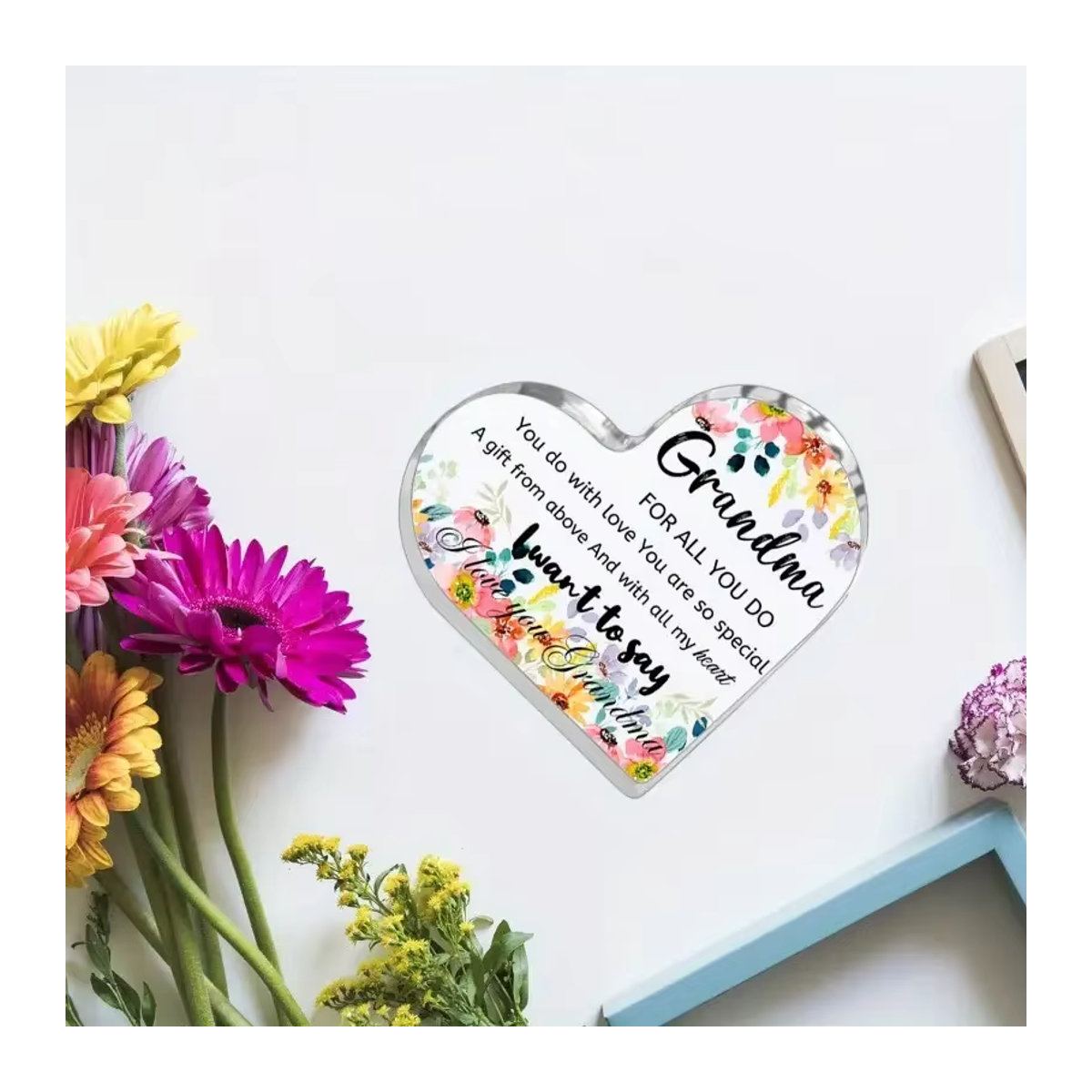 Herzförmige Acrylplakette für Oma mit floralem Blumendesign und inspirierender Botschaft, transparentes Geschenk für den Geburtstag - Bild 4