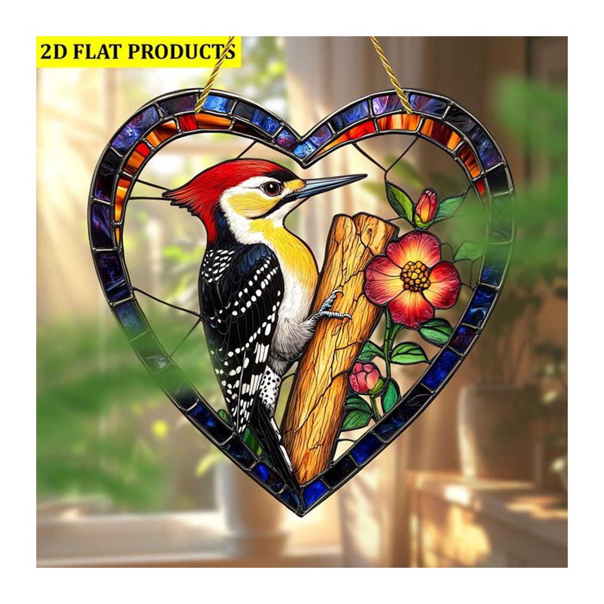Herzförmiger Acryl-Specht-Langschwanz-Vogel Solarfänger in Bunt für Fenster und Wanddeko, Höhe: 20,3 cm - Bild 1