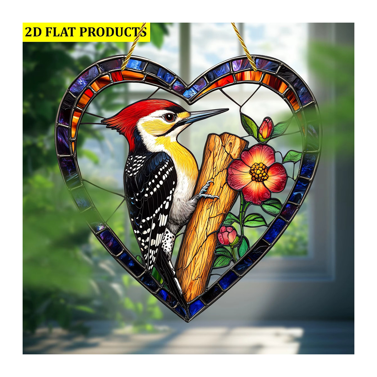 Herzförmiger Acryl-Specht-Langschwanz-Vogel Solarfänger in Bunt für Fenster und Wanddeko, Höhe: 20,3 cm - Bild 2
