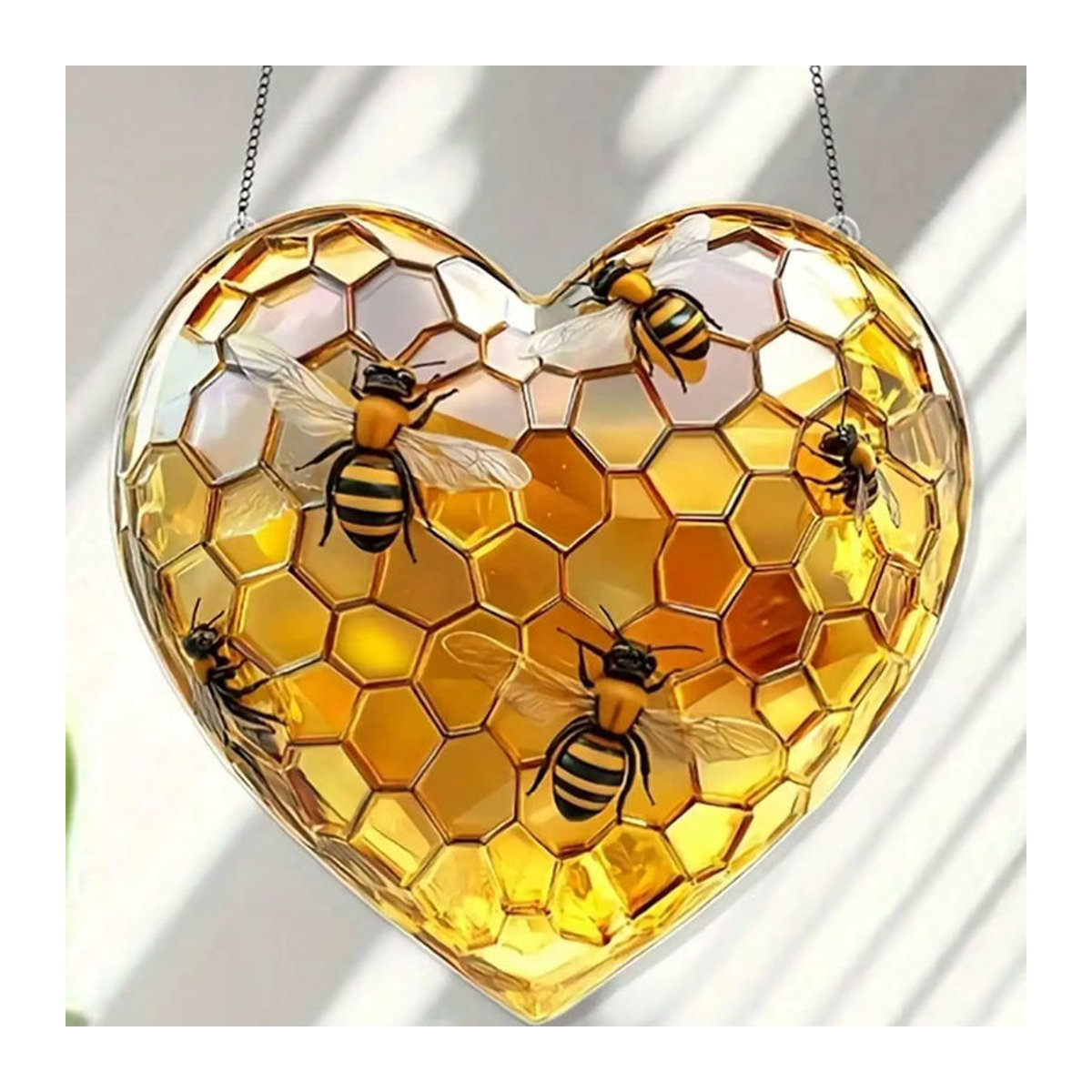 Herzförmiger Waben-Sonnenscheinfänger aus Glas in Gelb als hängende Wanddekoration im Landhausstil - Bild 4