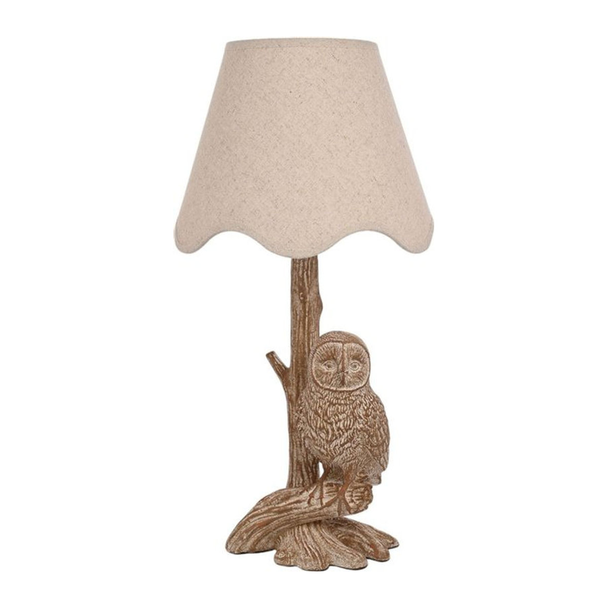 Hestia Tischlampe Eulen-Design in Holzoptik mit Stoffschirm in Beige und Braun - Bild 1