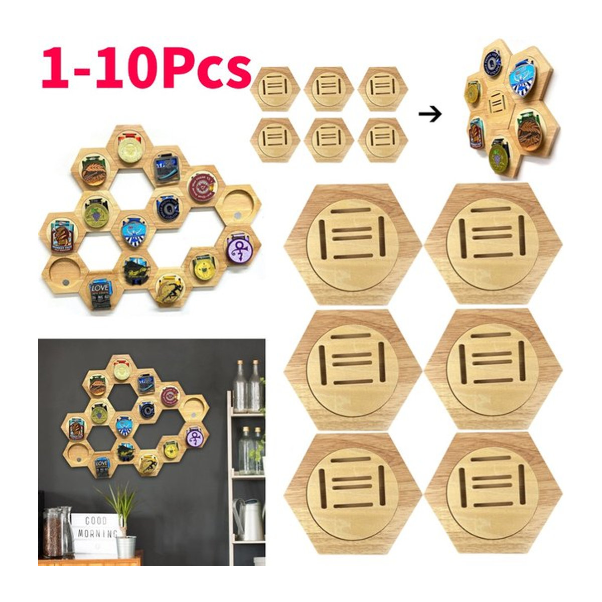 Hexagonales Medaillen Display aus Holz in Braun zur Wandmontage für Sportmedaillen und Auszeichnungen - Bild 1