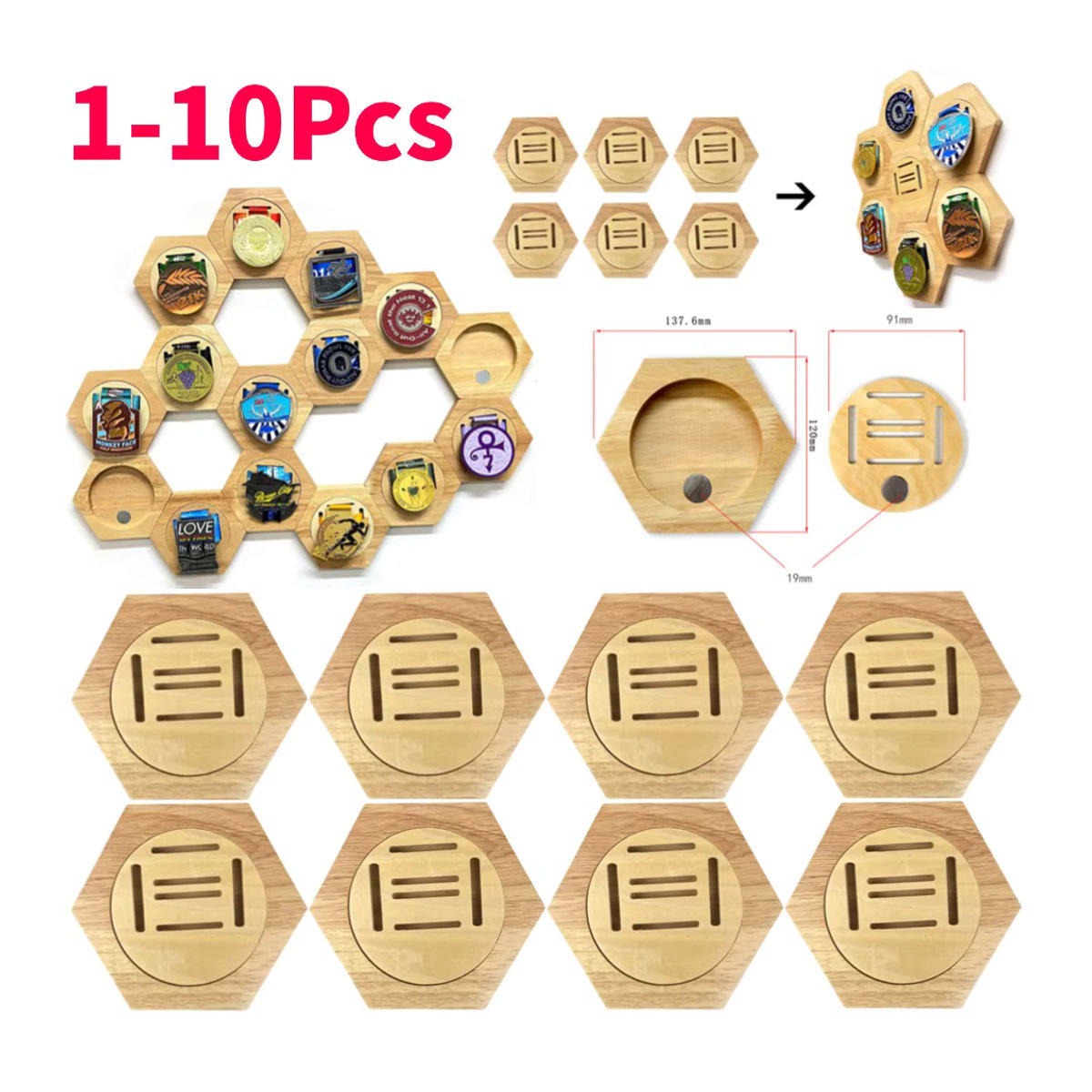 Hexagonales Medaillen Display aus Holz in Braun zur Wandmontage für Sportmedaillen und Auszeichnungen - Bild 2