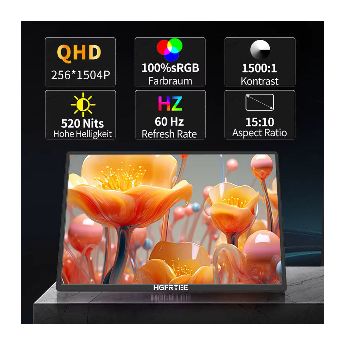 HGFRTEE Tragbarer 13,5 Zoll Monitor mit 2,2K Auflösung, 520cd/m2 und 100 % sRGB, Schwarz, HDMI und Typ-C für Laptop, PS4/5, Switch und Xbox - Bild 4