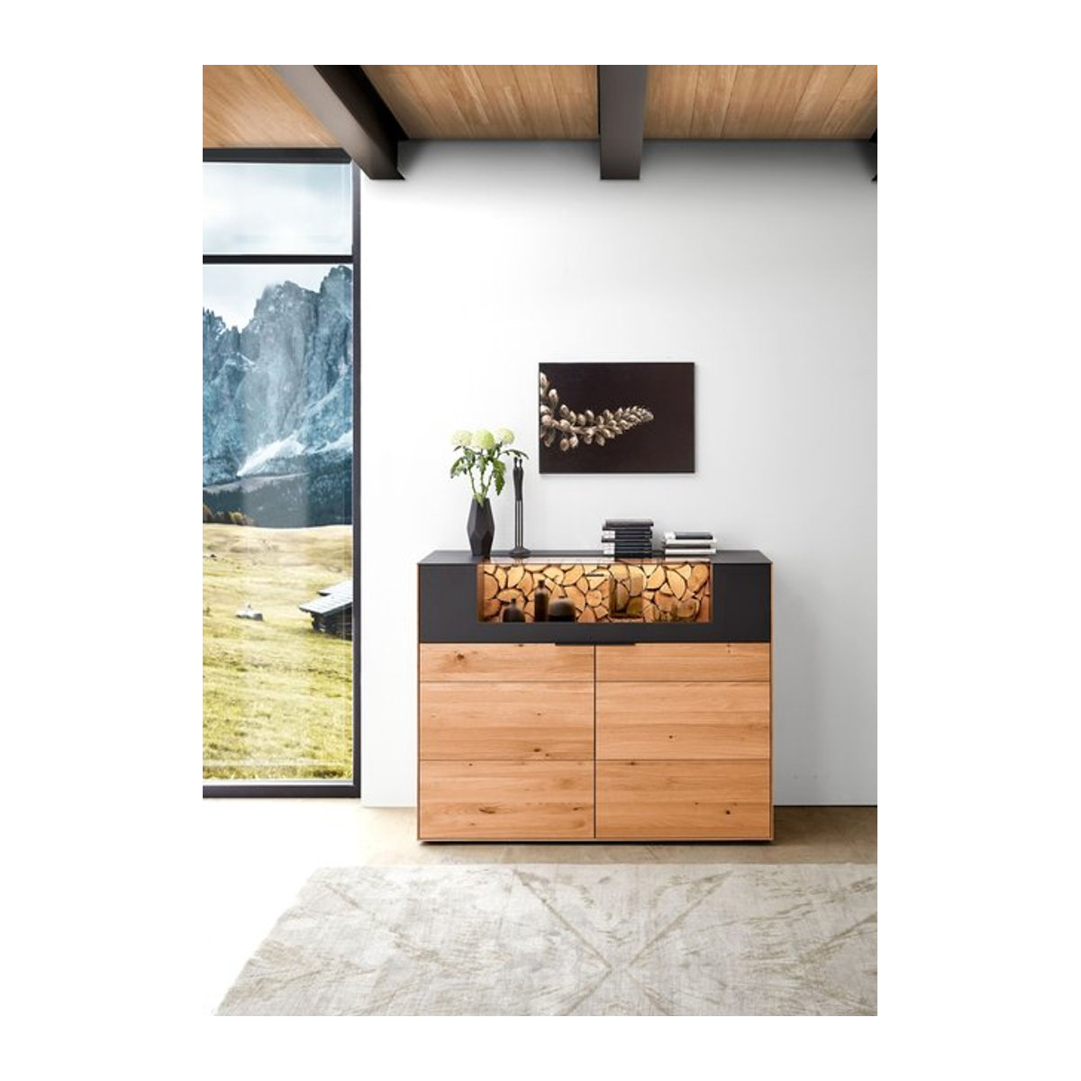 Highboard witlake VAREDO in Eiche Natur und Braun mit Glastüren, Massivholz und Soft-Close, B/T/H: 115,4 x 45,2 x 80 cm - Bild 1