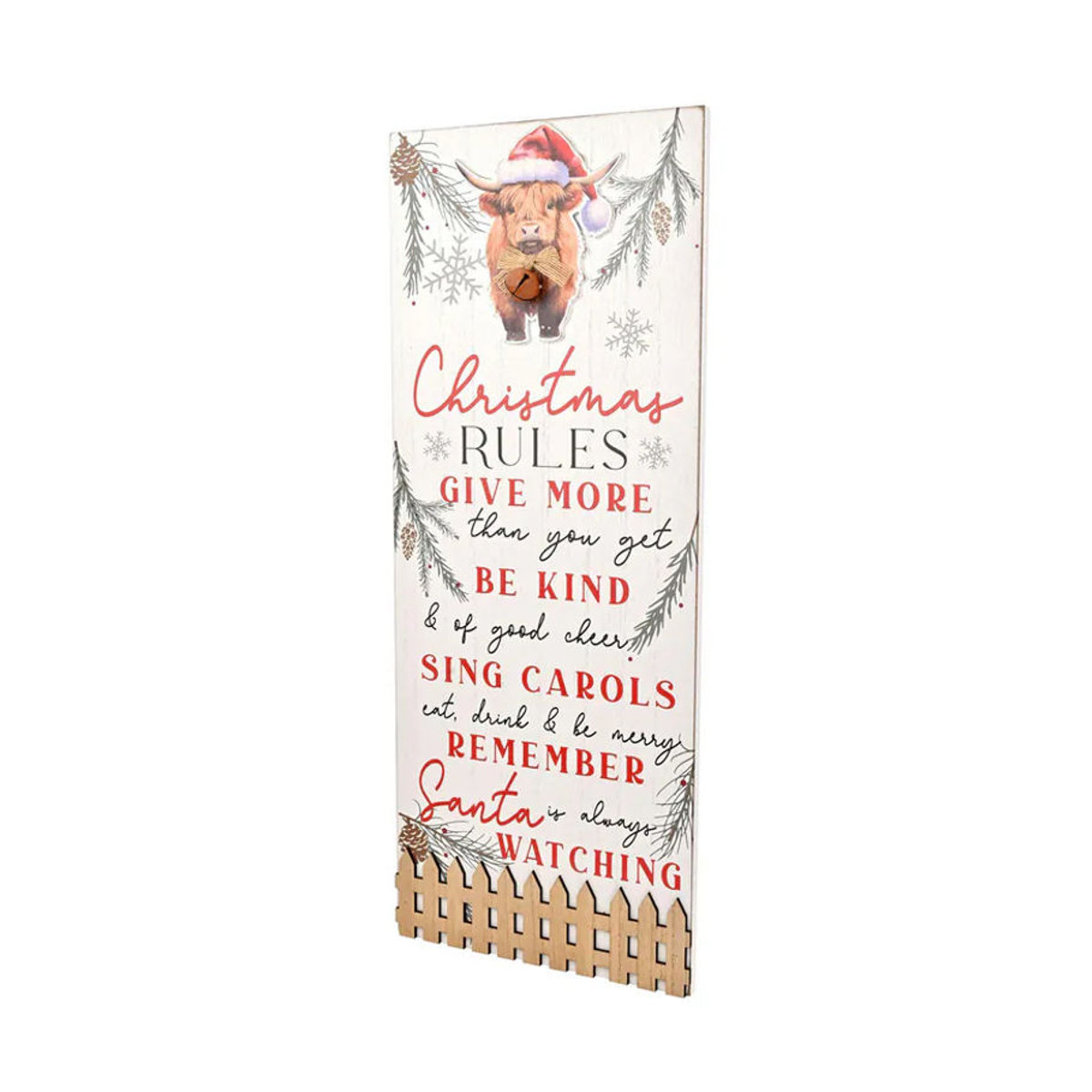 Highland Cow Christmas Rules Plaque von The Christmas Gift Co., rustikale Holzdeko in Weiß, B: 50 cm, H: 20 cm, T: 1,5 cm - Bild 2